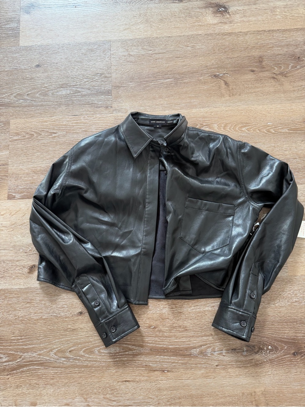 Good American Black Cropped Leather Jacket